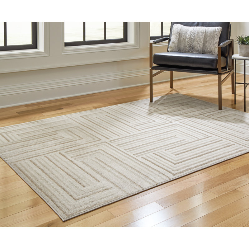 Cream and Taupe Geometric Tufted Wool 5' x 7' Rug