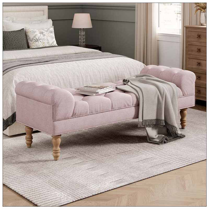 Banc bout de lit capitonné, grand repose-pieds rembourré, repose-pieds avec pieds, tabouret avec accoudoirs roulés, banc rembourré en tissu