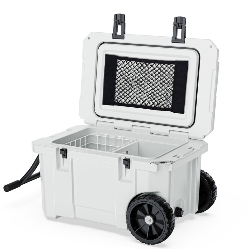 55 Quart Cooler With Wheels, Ice Chests Portable Camping Cooler Holds Ice Up To 6 Days, Leak-proof Outdoor Insulated Cooler With Handle, Cup Holders, Hard Cooler For Camping, Beach, Boat