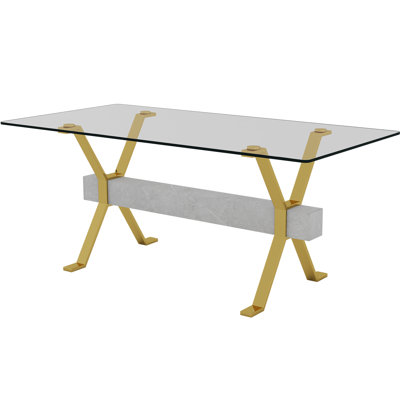 Table de salle à manger contemporaine avec plateau en verre transparent, pieds en métal doré et support gris, bureau de style article 71 po x 35,4 po x 30 po dans une barre transversale dorée