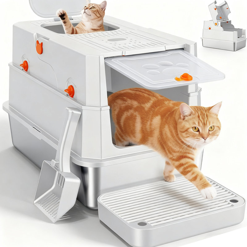 Bac à litière fermé en acier inoxydable pour chat avec côtés hauts, double entrée, couvercle anti-odeurs, étanche et facile à nettoyer, avec pelle à litière et marchepied pour litière - blanc