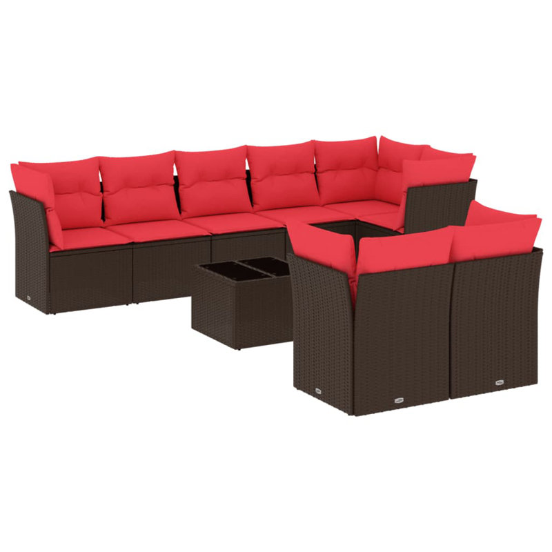 Ensemble de canapé de patio 9 pièces avec coussins en rotin de polyester, Rouge, Brun