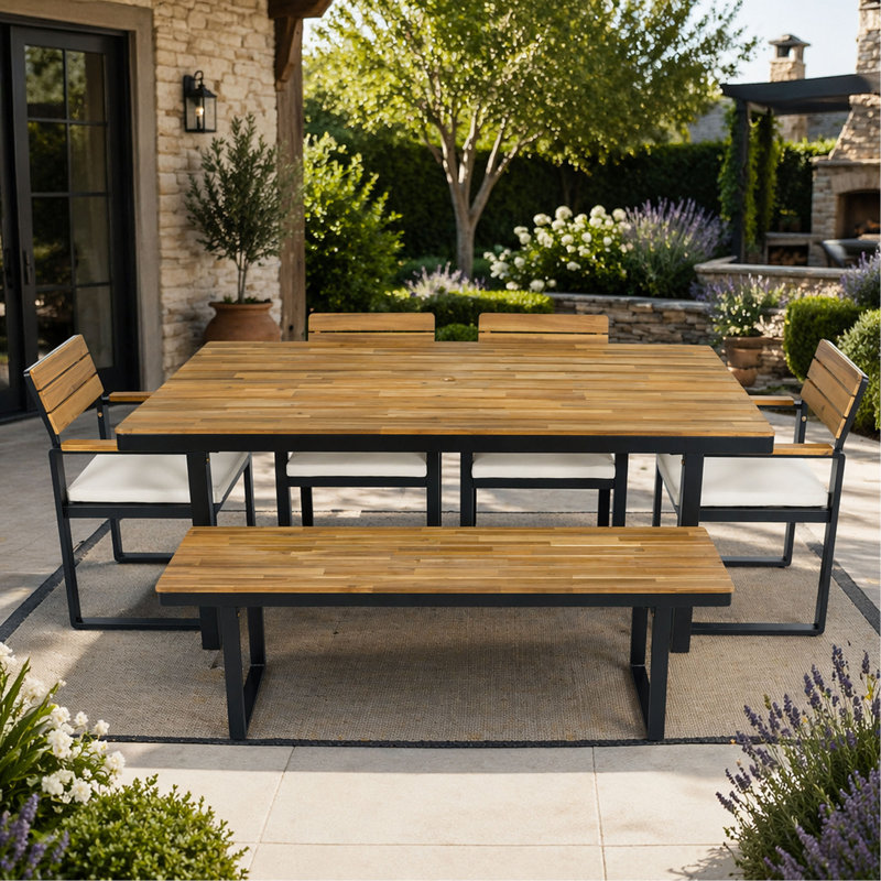 Ensemble repas 6 pièces avec 1 table, 4 chaises et 1 banc - pour 6 à 7 personnes, coussins confortables sur les chaises, pieds réglables pour la terrasse, le jardin, la cour