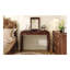 Bureau de coiffeuse en bois classique avec miroir rabattable et accents dorés, finition espresso