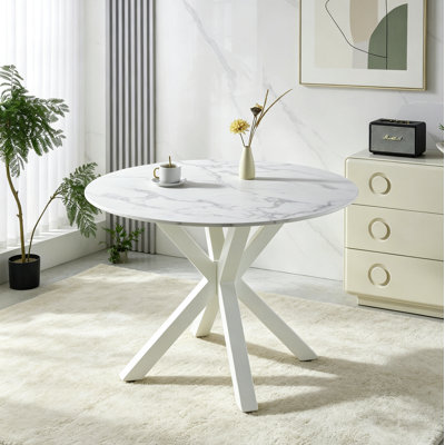 Table de salle à manger de style Mid-Century 42,1 po pour 4 à 6 personnes avec plateau rond en MDF, table de salle à manger à piédestal, table basse de loisirs, couleur marbre blanc