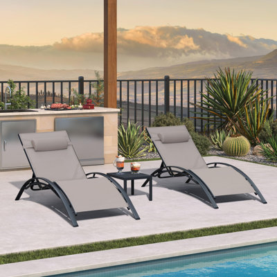 Ensemble de chaise longue d'extérieur en aluminium 3 pièces avec table d'appoint