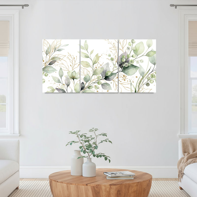 Watercolor Greenery And Gold Accents Canvas Wrapped Wall Art Set Of 3 For Living Room Bedroom Or Office Decor, 36" H x 72" W