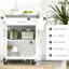 Poste de travail pour îlot de cuisine avec surface en acier inoxydable, tiroir, porte-serviettes, étagère à épices et rangement, armoire portable blanche