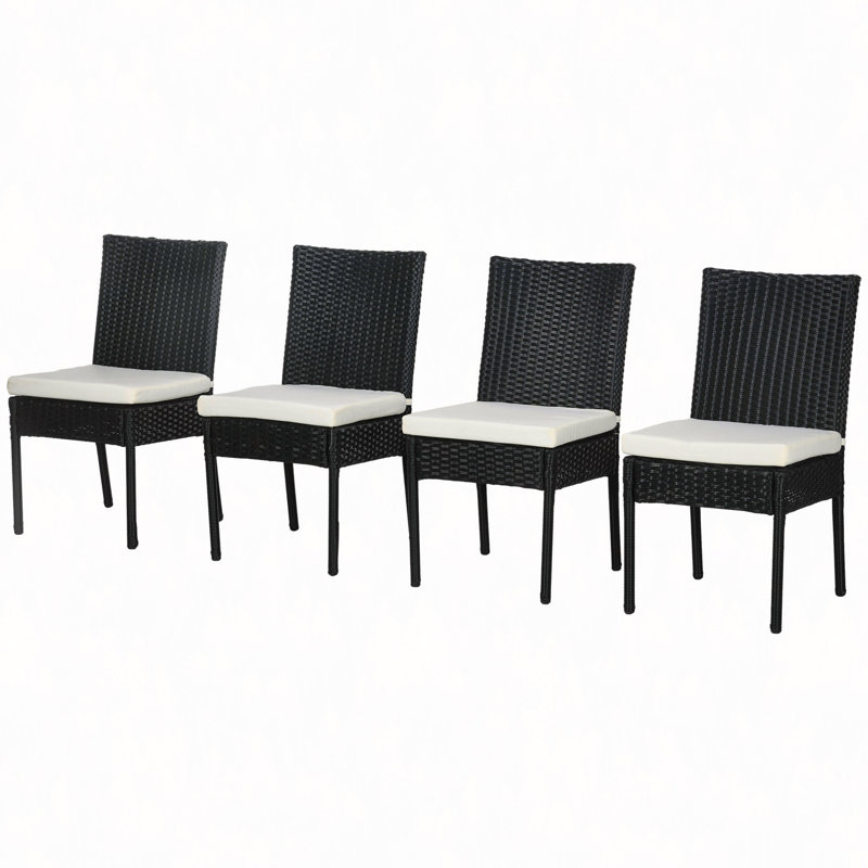 4 chaises de salle à manger d'extérieur en rotin PE avec coussins, chaises de patio en osier avec dossiers pour porche, terrasse, jardin