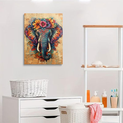 Encadré boho graffiti abstrait éléphant d'Afrique rétro photo de fleur décoration murale cadeau coloré mandala imprimé floral rétro peinture sur toile d'art mural pour salon salle de bain (12 po x 16 po)