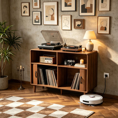 37.4"l Record Player Stand With Charging Station, Vinyl Record Storage Cabinet Holds Up To 200 Cds, Turntable Table With 2 Sliding Tambour Doors