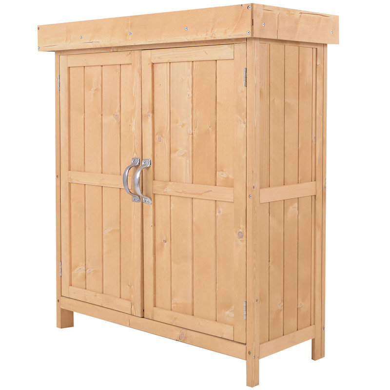 Natural Wood Small Garden Shed with Openable Hinged Roof & Removable Shelf – 74x43x88 cm Outdoor Tool Storage Cabinet, Burly Wood Finish, Double Doors for Patio
