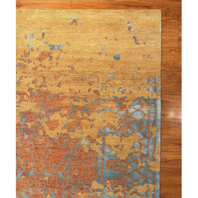 Tapis en laine noué à la main 9 pi x 12 pi | Tapis moderne damassé au coucher du soleil | Tapis transitionnel orange rouille / bleu sarcelle | Tapis de salon Pelago