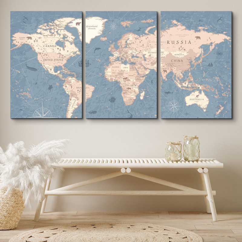 Pastel World Map 3-Piece Canvas Print Set