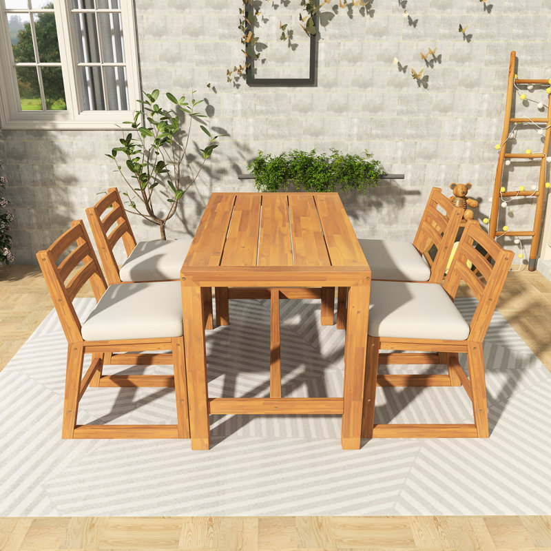 Ensemble de salle à manger de patio 5 pièces pour l'extérieur avec coussins 5 pièces, Teck clair