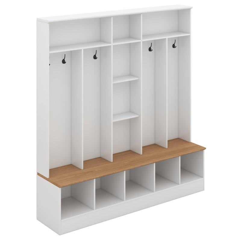 Wide Design Hall Tree With Storage Bench,Shoe Cabinet With Cube Storage & Shelves, Multifunctional Coat Rack With 8 Hooks