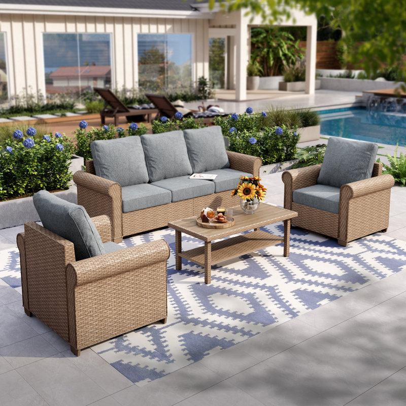 Outdoor Patio Rattan Sofa With Ottoman And Double Shelving Coffee Table, Beige, No