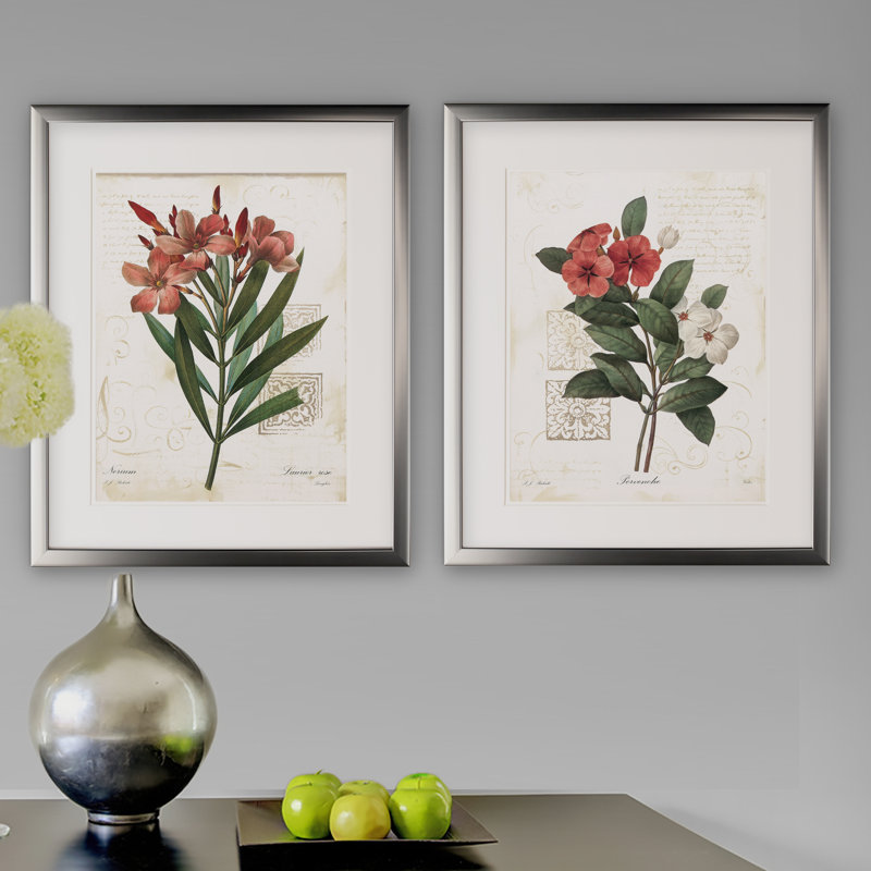 «Laurier Rose», ensemble de 2 reproductions d'impressions encadrées, Cadre argenté