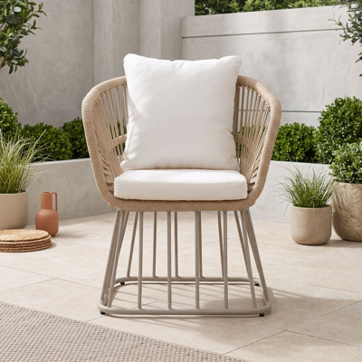 Chaise de salle à manger d'extérieur en osier avec structure en acier, siège rembourré, dossier haut, chaise longue d'extérieur de patio