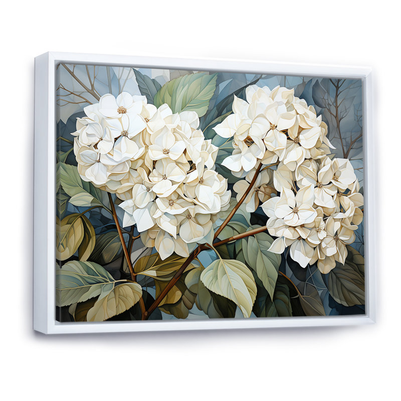 «Cubist Hydrangea L'interpretation» - art mural hortensia, Cadre flottant blanc, H 12 po x l 20 po x P 1 po