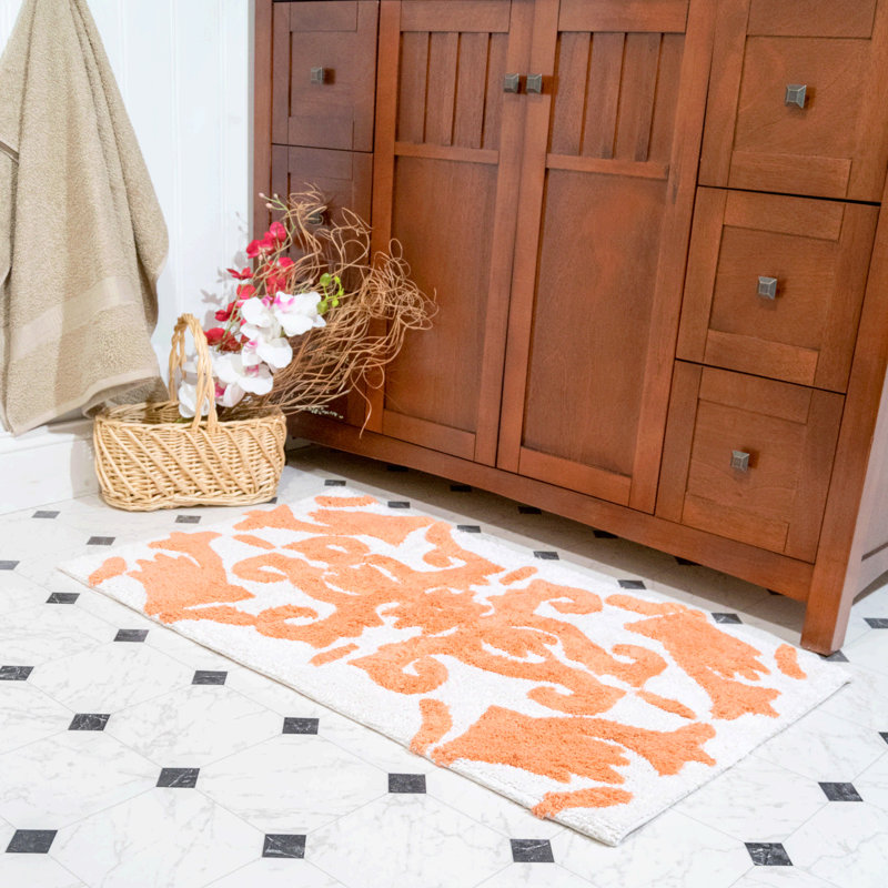 Elar Turkish Cotton Non-Slip Bath Rug, White / Coral