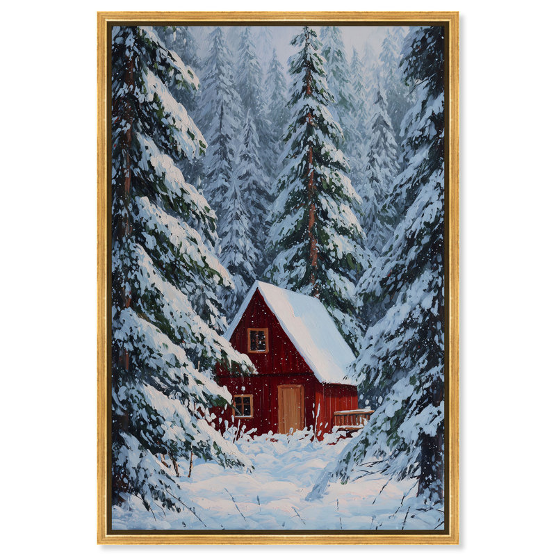 Décoration de Noël "Red Cabin in the Snow" par Art Remedy, cadre doré, 16 x 24, H 25 po x l 17 po, Cadre doré