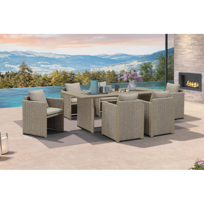  Patio Dining Set All-weather Modern Outdoor Rectangular Aluminum Dining Table And Chairs Outdoor Furniture With Olefin Cushions Pillows For Garden Backyard Kitchen Beige