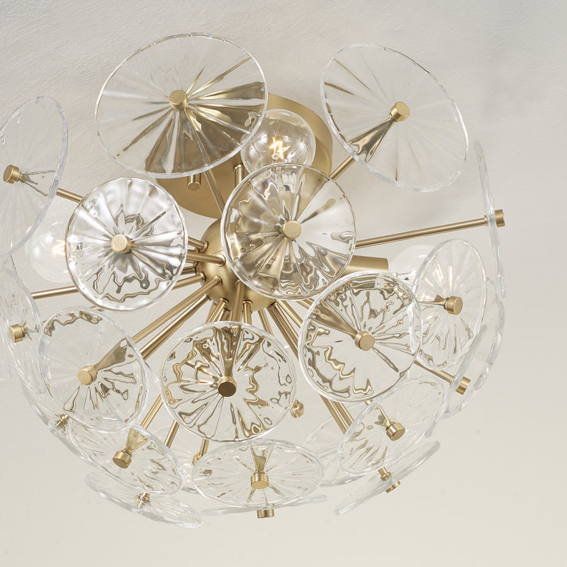 15.5" W x 11" H 4-Light Starburst Semi Flush in Matte Brass with Patterned Glass Petals