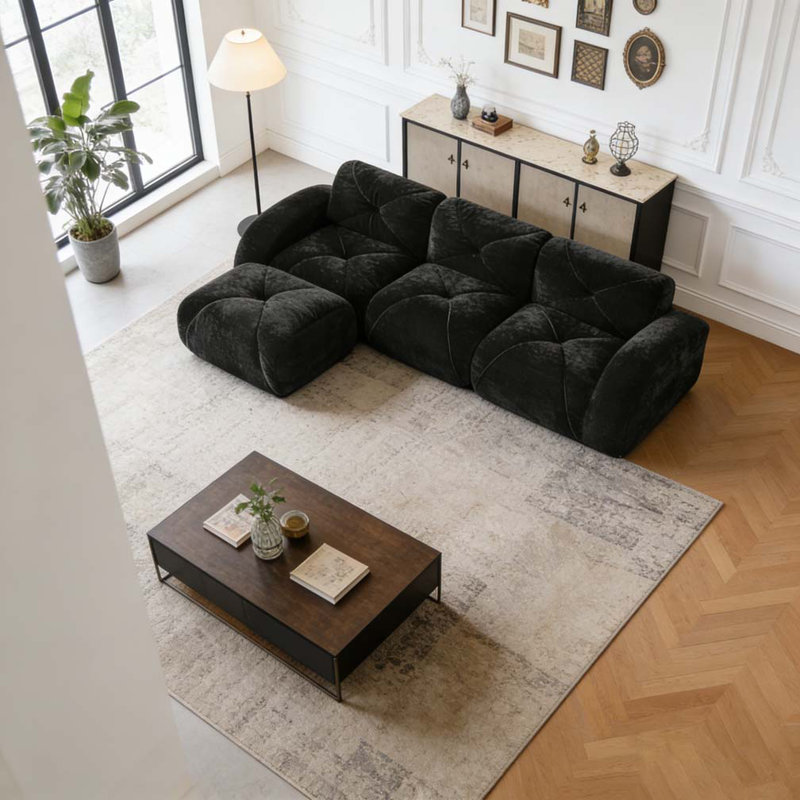 L-shaped Soft Velvet Fabric,Movable Ottoman, Black, 29.9" H x 110.6" W x 37.4" D