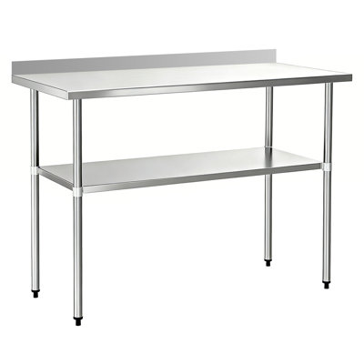 Stainless Steel Commercial Work Table with 4-Inch Backsplash and Durable Undershelf for Professional Kitchens.