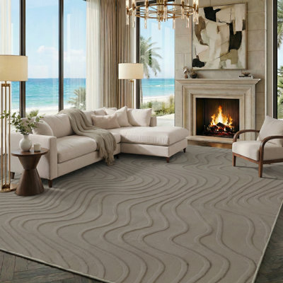 Liverpool Solid Wave 3D Soft Plush Textured Washable Non-Slip Tan Indoor Area Rug