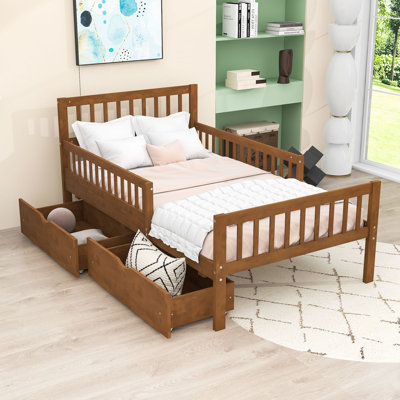 Wood Platform Bed with Guardrails and Two Storage Drawers