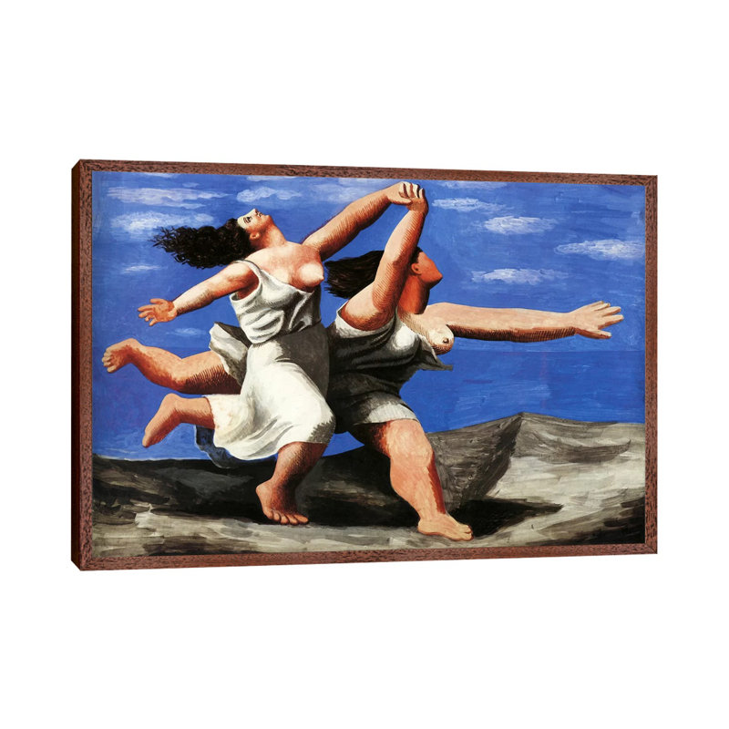 Two Women Running On The Beach by Pablo Picasso - Painting on Canvas, 66.04 cm H x 45.72 cm W, Classic Brown Wood Framed