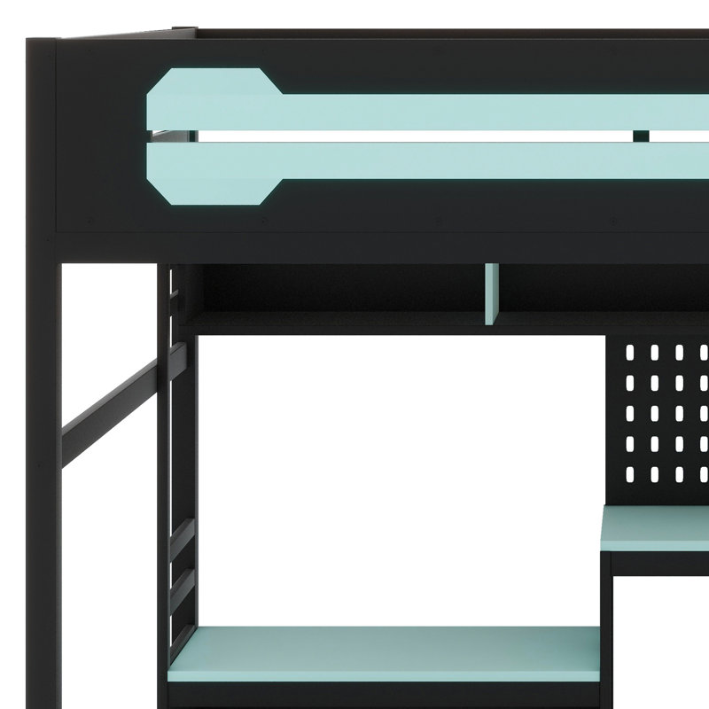 Lit mezzanine en bois avec bureau, tablettes, lumières DEL, ports USB et panneau perforé, Noir / Bleu