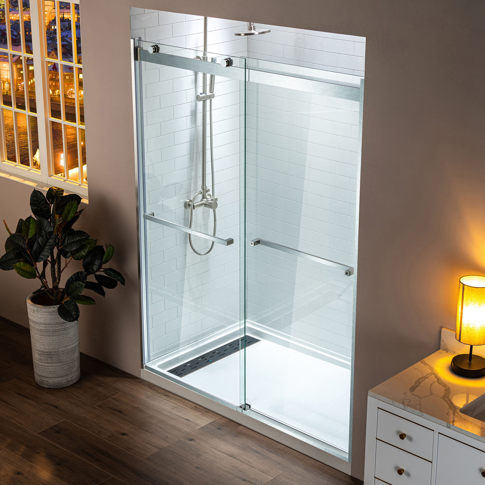 Sunny Shower Fully Frameless Sliding Shower Doors, 3/8 Clear Glass, 60 W  x 72 H Shower Enclosure, Brushed Stainless Steel 