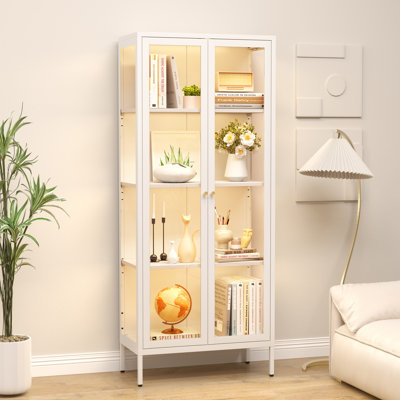 Display Cabinet with Glass Doors, Glass Display Cabinet with 3 Color LED Lights, Curio Display Cabinet with 3 Shelves for Living Room, Plant, Display Shelf, Assembly Required, White