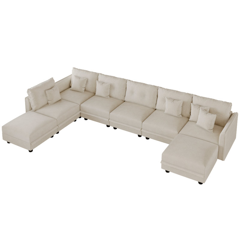 8 Seat Corduroy Convertible Modular Sectional Sofa With Storage, 6 Back Cushion 6 Throw Pillow, Beige Corduroy