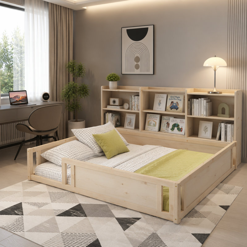 Lit plateforme en bois avec barrière de sécurité et tablettes de rangement latérales pratiques, base de lit pour enfant peu encombrante