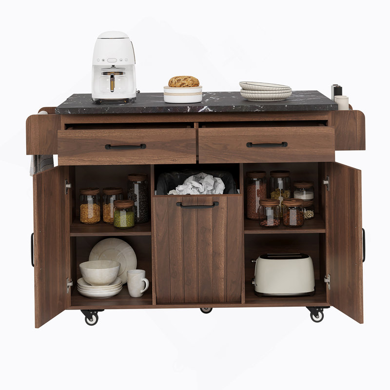 Îlot de cuisine avec armoire de rangement pour poubelle, chariot de cuisine avec abattant, support à épices, porte-serviettes et tiroir, îlot de cuisine sur roulettes avec tablette réglable, brun noyer