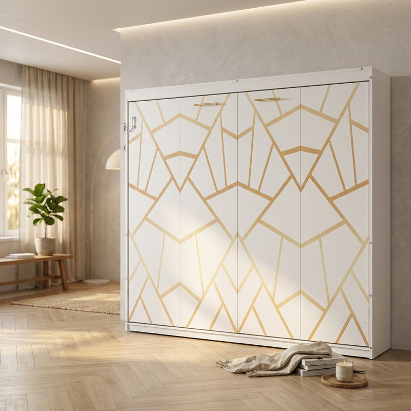 Side-Folding Murphy Bed with LED Under-Bed Lighting and USB Charging Station, Wood Wall Bed Frame with Built-In Workspace Desk, Space-Saving Fold-Away Cabinet Bed