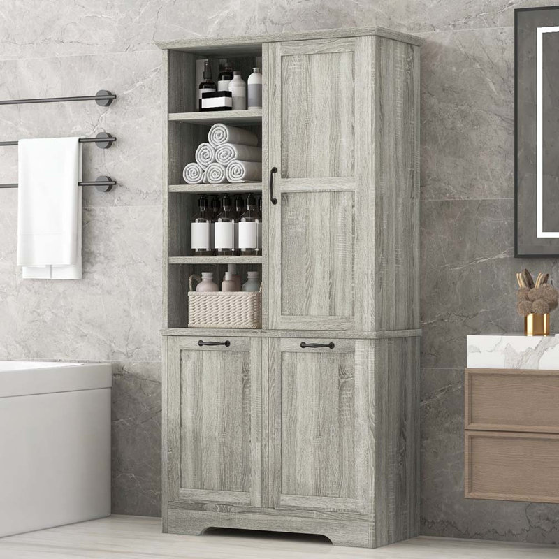 Armoire de rangement de salle de bain avec portes et tiroirs, panier à linge inclinable, plusieurs espaces de rangement