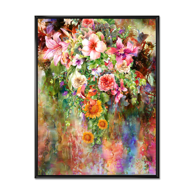 Grunge rose vert fleurs d'été VI - Art mural sur toile traditionnel, H 32 po x l 16 po x P 1 po, Cadre flottant noir