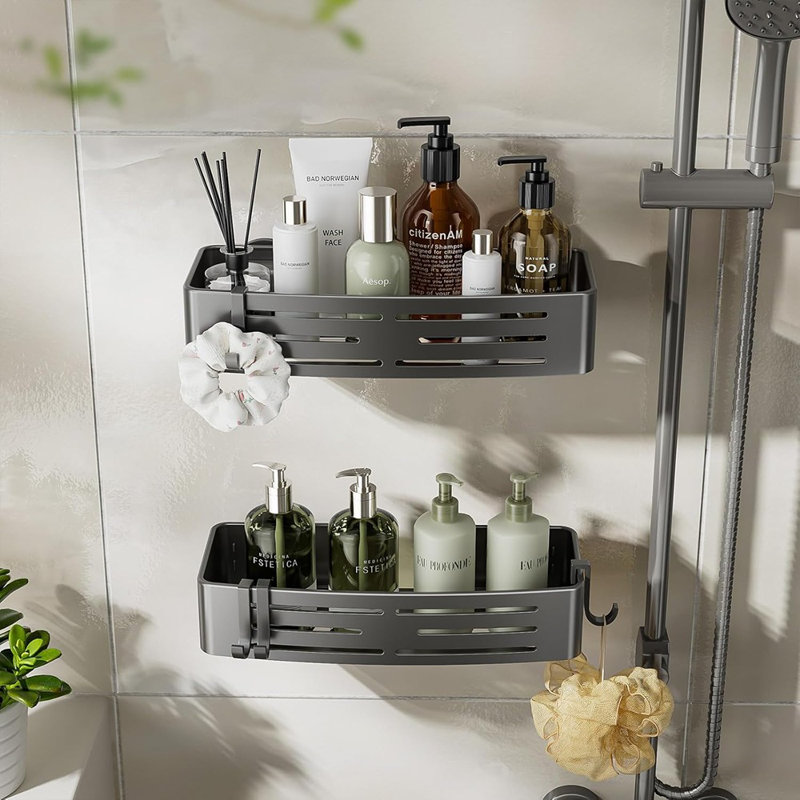Shower Caddy Suction Cup – Gray – 2-Pack Removable No-Drill Bathroom Organizer With Hooks, Large-Capacity Waterproof & Rustproof Shower Shelves
