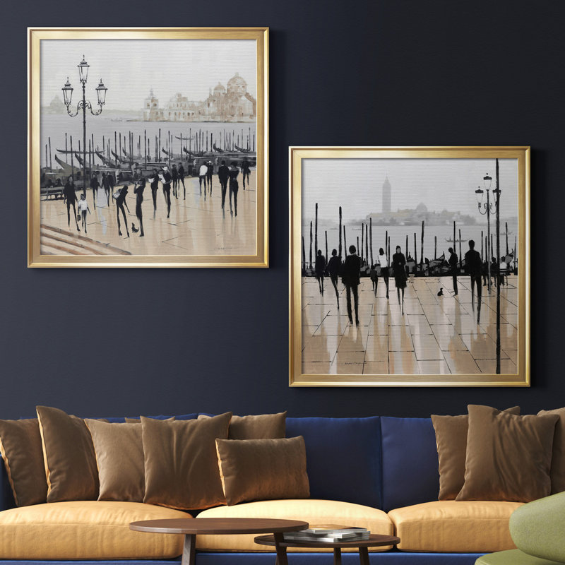 «Quiet Gondolas I», ensemble de 2 reproductions d'art graphique, H 30,5 po x l 61 po x P 1,5 po, Toile encadrée dorée