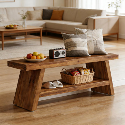 Banc de lit rectangulaire à 2 niveaux, en bois massif, couleur brun rustique, conception de rangement ouvert, polyvalent pour le couloir, la chambre à coucher ou comme siège supplémentaire, banc à rangement rapide de 17,84 po de hauteur, avec structure en bois