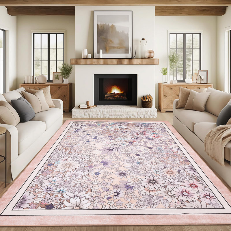 Washable Boho Floral Area Rug - Vintage Low Pile, Non-Slip Carpet for Living Room, Bedroom, Dining Room, Kids Playroom, Farmhouse