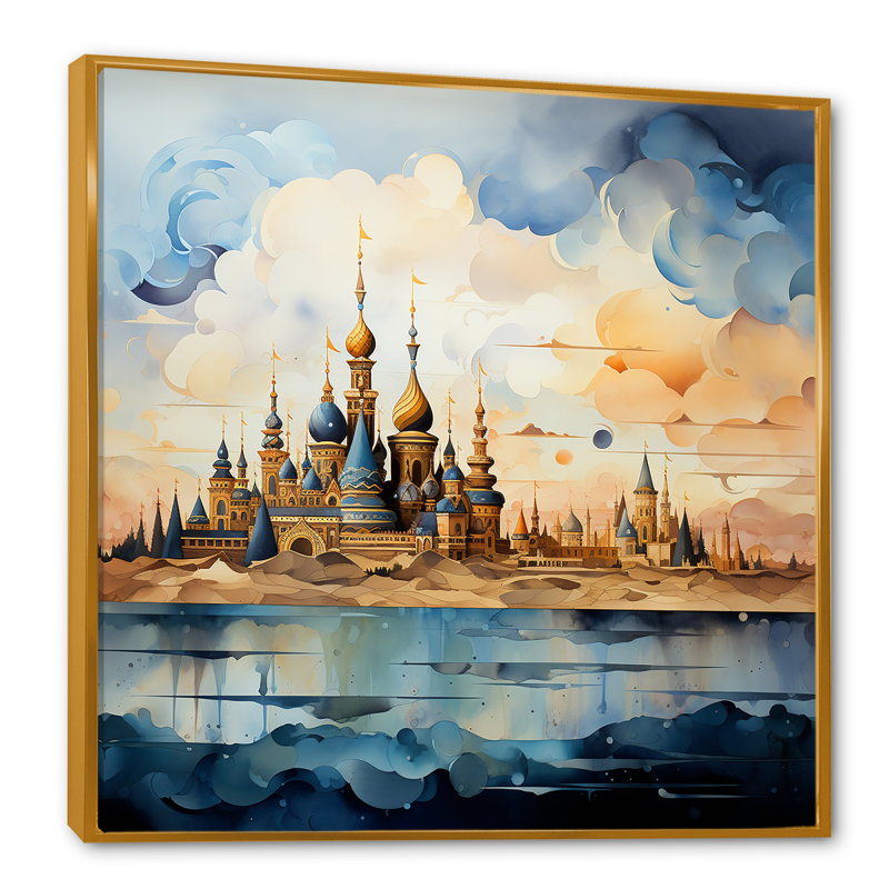 Mosquée bleue et jaune «Oasis», art mural, Cadre flottant doré, H 36 po x l 36 po x P 1,5 po