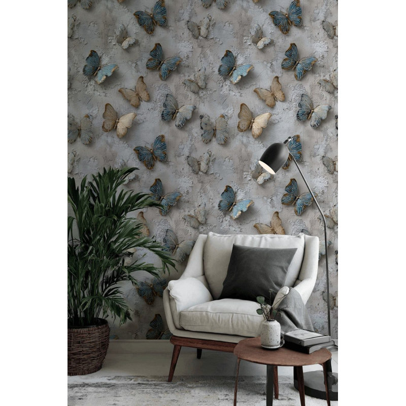 Papier peint adhésif effet béton à motif papillon