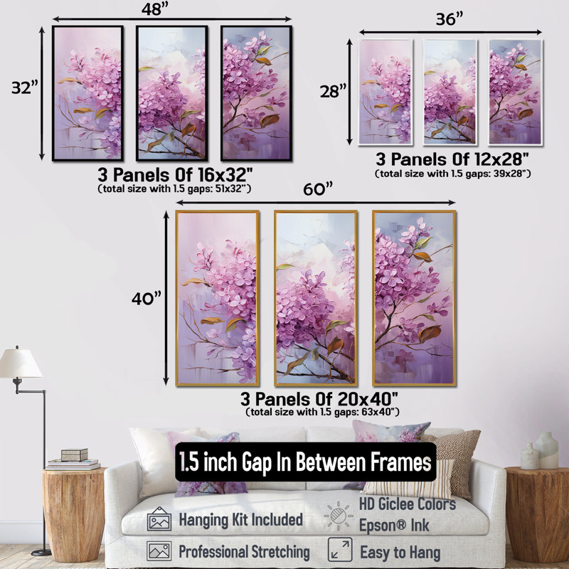 Lilas beauté dévoilée I - ensemble d'art mural lilas, Cadre flottant noir, H 40 po x l 60 po x P 1 po