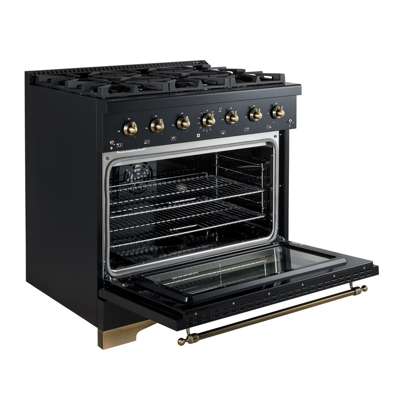 Cuisinière à double combustible 36 pouces Forno Antico avec 6 brûleurs à gaz scellés, four à convection électrique, finition laiton antique